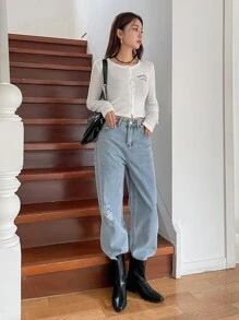 DAZY 字母图案纽扣T恤，秋季女装长袖 - 白色 - 查看 6