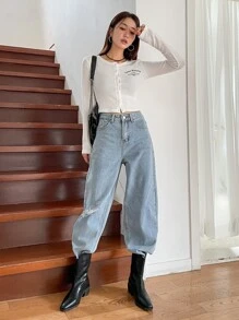 DAZY 字母图案纽扣T恤，秋季女装长袖 - 白色 - 查看 7