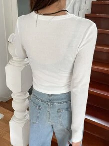 DAZY 字母图案纽扣T恤，秋季女装长袖 - 白色 - 查看 9