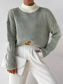 SHEIN Essnce Stripe Pattern Mock Neck Drop Shoulder Sweater
