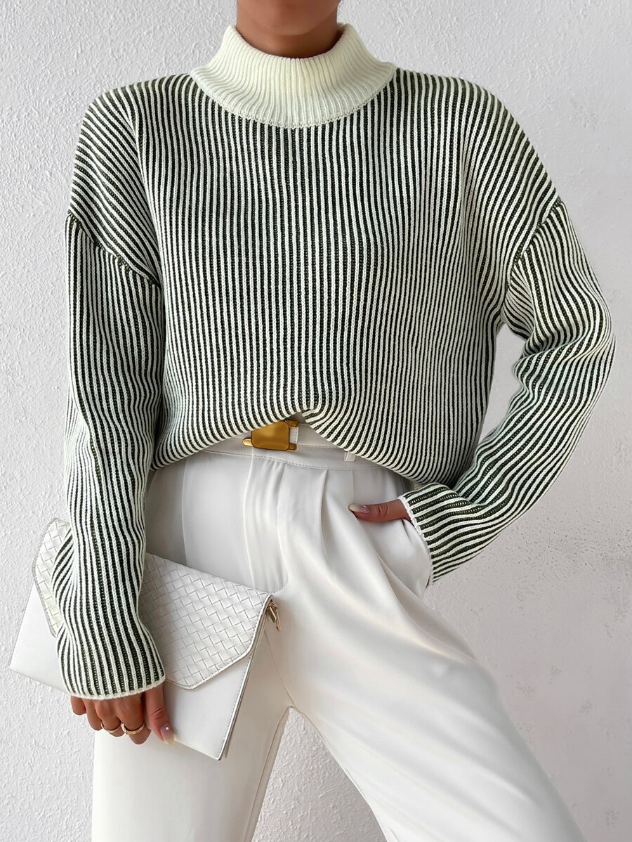 SHEIN Essnce Stripe Pattern Mock Neck Drop Shoulder Sweater