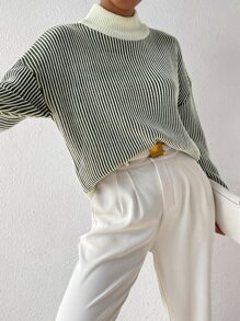 SHEIN Essnce Stripe Pattern Mock Neck Drop Shoulder Sweater