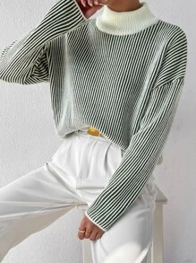 SHEIN Essnce Stripe Pattern Mock Neck Drop Shoulder Sweater