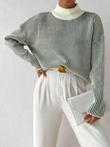 SHEIN Essnce Stripe Pattern Mock Neck Drop Shoulder Sweater