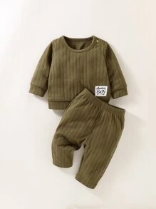 男婴童字母貼布運動衫搭配運動褲 - 軍綠色 - 查看 1