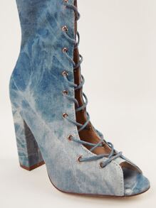 Peep Toe Lace Up Block Heel Boots - Blue - View 2