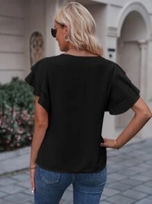 Breezaya Áo sơ mi nữ Xù phân lớp màu trơn Giải trí - màu đen - Xem 2