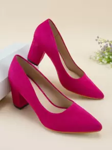 时尚亮粉色女士尖头仿麂皮粗跟高跟鞋，优雅派对风 - 玫紅色 - 查看 1