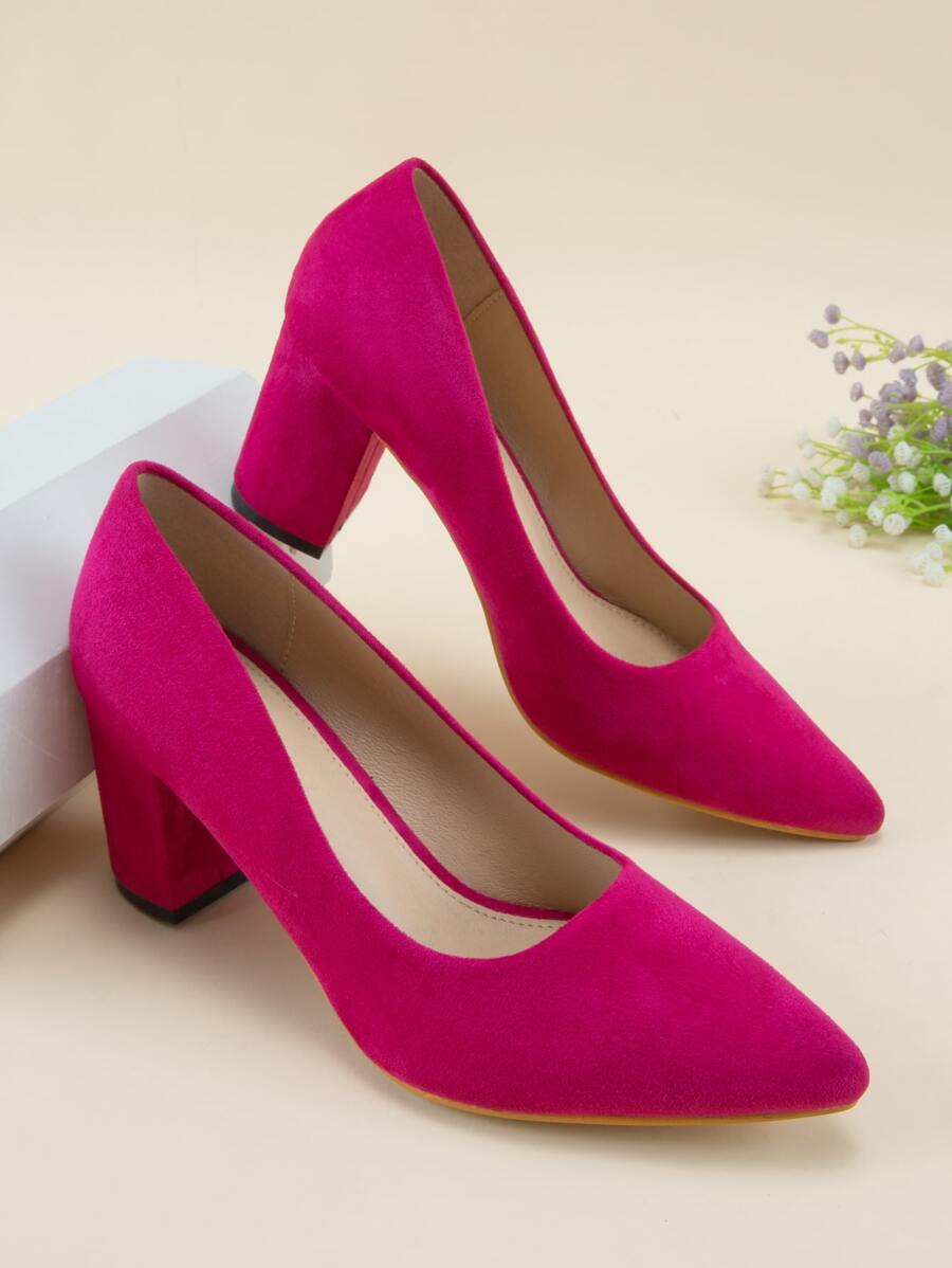 时尚亮粉色女士尖头仿麂皮粗跟高跟鞋，优雅派对风 - 玫紅色 - 查看 1