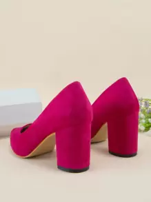 时尚亮粉色女士尖头仿麂皮粗跟高跟鞋，优雅派对风 - 玫紅色 - 查看 3