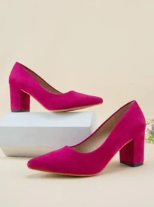 时尚亮粉色女士尖头仿麂皮粗跟高跟鞋，优雅派对风 - 玫紅色 - 查看 2