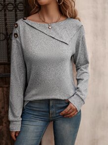 SHEIN LUNE Boat Neck Button Detail Drop Shoulder Sweatshirt - Grey - View 1