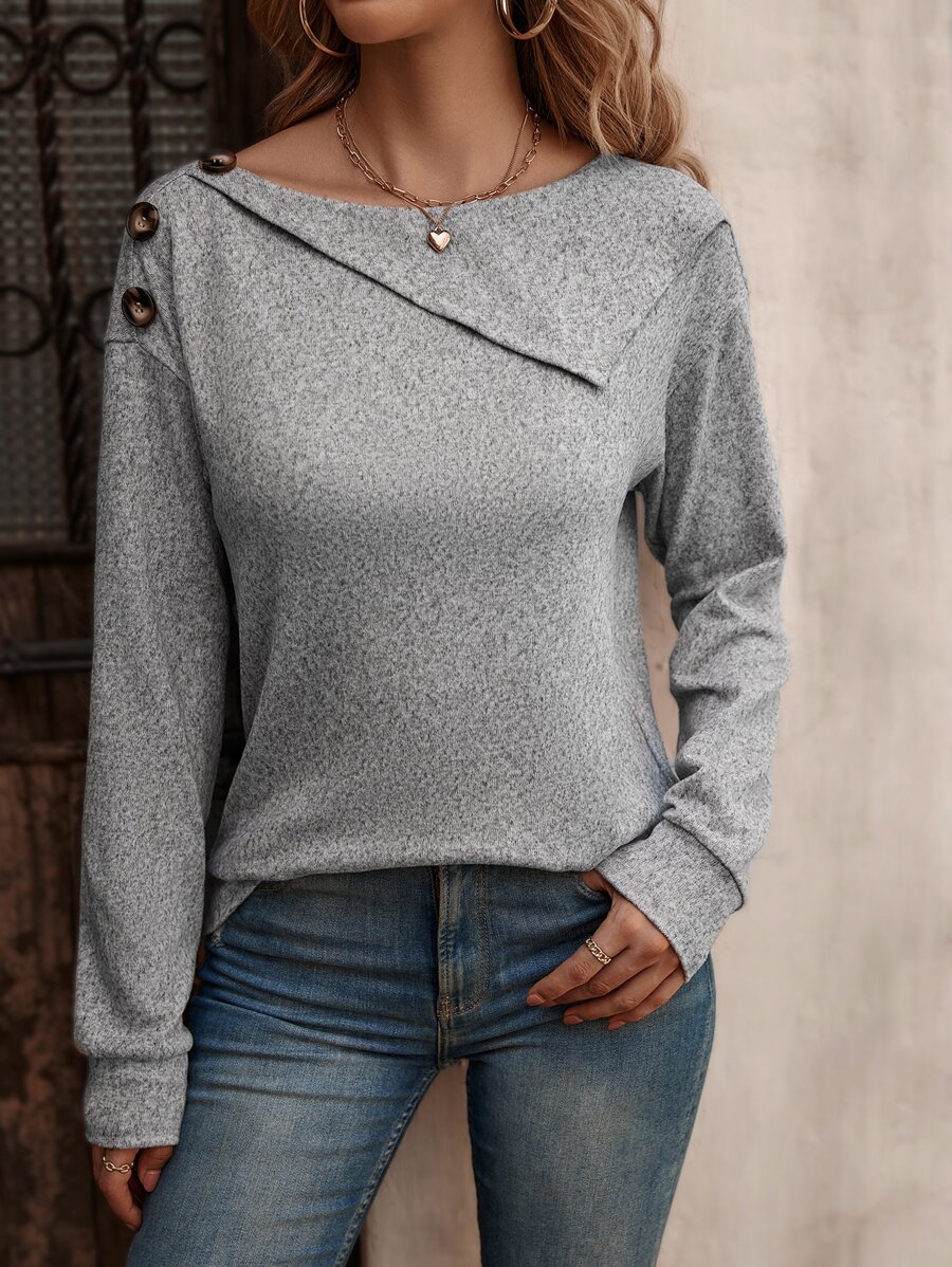 SHEIN LUNE Boat Neck Button Detail Drop Shoulder Sweatshirt - Grey - View 1