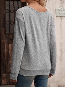 SHEIN LUNE Boat Neck Button Detail Drop Shoulder Sweatshirt - Grey - View 2