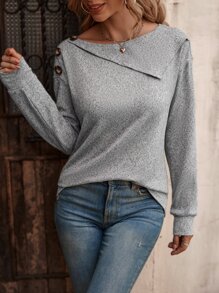 SHEIN LUNE Boat Neck Button Detail Drop Shoulder Sweatshirt - Grey - View 4