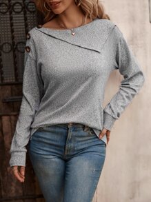 SHEIN LUNE Boat Neck Button Detail Drop Shoulder Sweatshirt - Grey - View 5