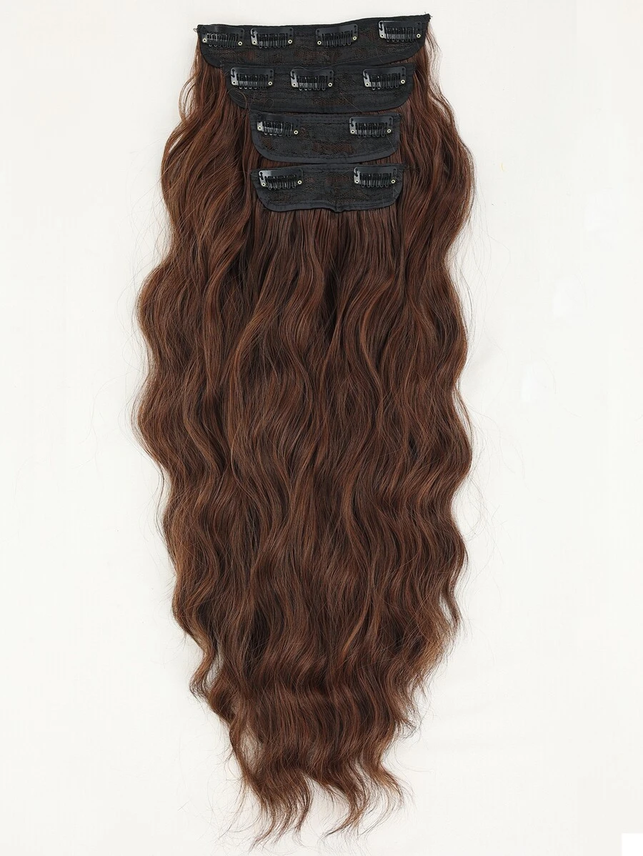 4pcs Clip In Long Curly Synthetic Hair Extension - Dark Brown - View 1