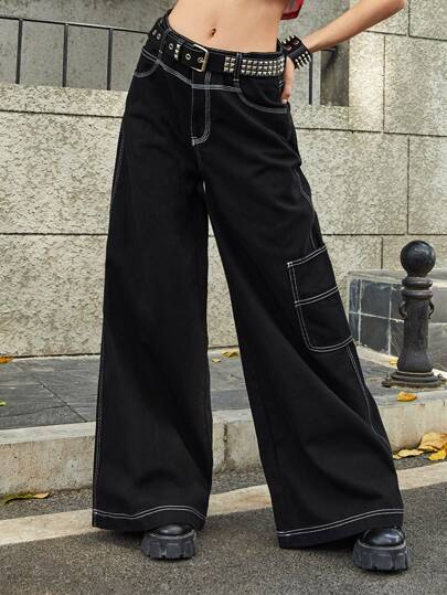 Grunge Punk Solid Wide Leg Jeans