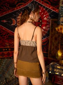 雙色蕾絲拼接荷葉擺吊帶上衣 - 棕色 - 查看 2