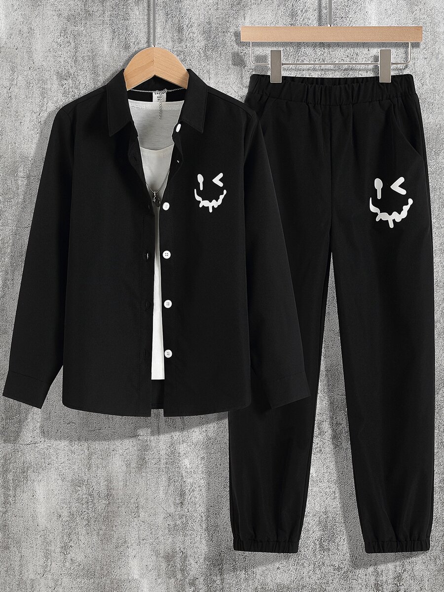 SHEIN Niños Camisa con estampado de expresión con pantalones sin camiseta - Negro - Ver 1