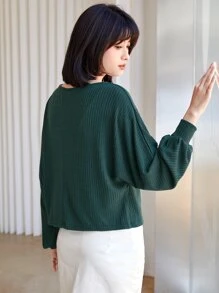 SHEIN Essnce Ribbed Long Sleeve Semi-Cropped Green T-Shirt - Dark Green - View 2
