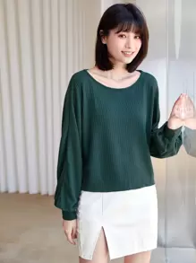 SHEIN Essnce Ribbed Long Sleeve Semi-Cropped Green T-Shirt - Dark Green - View 3