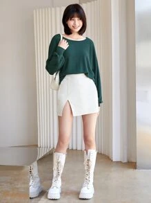 SHEIN Essnce Ribbed Long Sleeve Semi-Cropped Green T-Shirt - Dark Green - View 5
