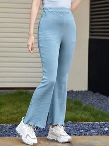 Muchica Quần nữ Xù nhỏ Gân đan màu trơn Giải trí - Màu xanh bụi bặm - Xem 1