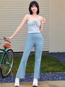 Muchica Quần nữ Xù nhỏ Gân đan màu trơn Giải trí - Màu xanh bụi bặm - Xem 5