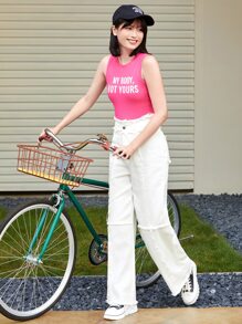 SHEIN EZwear Solid High Waist Raw Trim Capris Pants - White - View 4