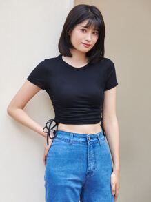 SHEIN EZwear Áo thun nữ Dây kéo Xù màu trơn Giải trí - Nhiều màu - Xem 1