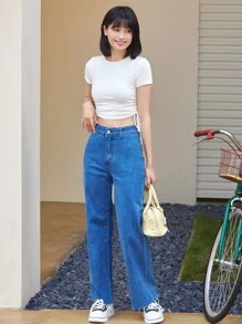 SHEIN EZwear Áo thun nữ Dây kéo Xù màu trơn Giải trí - Nhiều màu - Xem 3