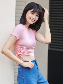 SHEIN EZwear Áo thun nữ Dây kéo Xù màu trơn Giải trí - Nhiều màu - Xem 4