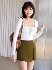 SHEIN Essnce 彈性腰前開衩褲裙 - 軍綠色 - 查看 1