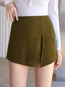 SHEIN Essnce 彈性腰前開衩褲裙 - 軍綠色 - 查看 3