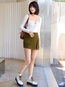 SHEIN Essnce 彈性腰前開衩褲裙 - 軍綠色 - 查看 5