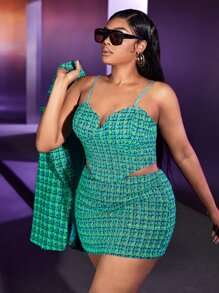 Slaydiva Plus Plaid Pattern Tweed Bodycon Skirt - Multicolor - View 3