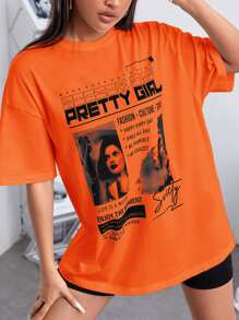 SHEIN EZwear Áo thun nữ Con số Slogan Giải trí - trái cam - Xem 1
