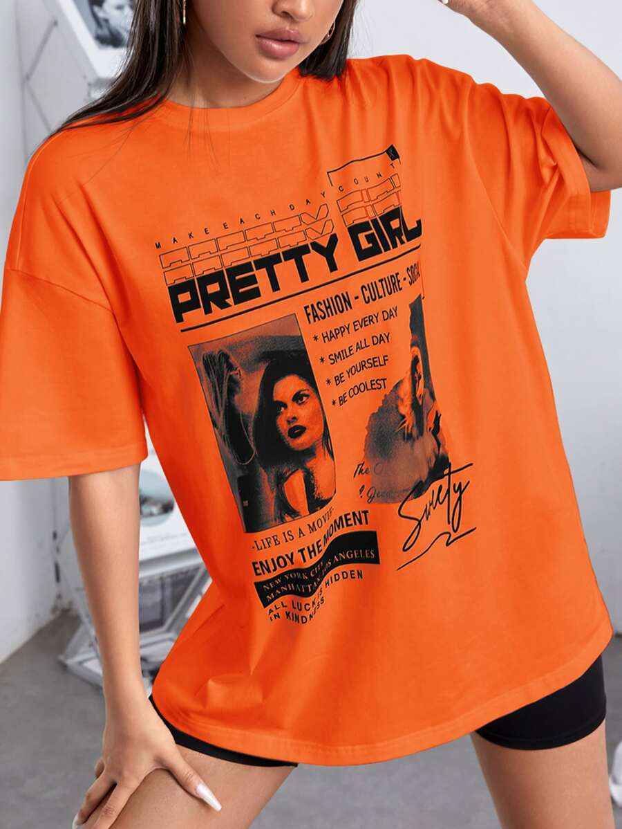 SHEIN EZwear Áo thun nữ Con số Slogan Giải trí - trái cam - Xem 1