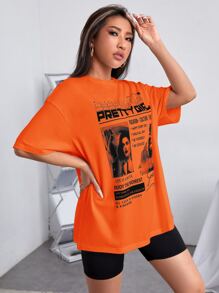 SHEIN EZwear Áo thun nữ Con số Slogan Giải trí - trái cam - Xem 5
