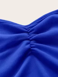 SHEIN ICON Ruched Tie Backless Hanky Hem Mesh Halter Top - Royal Blue - View 3