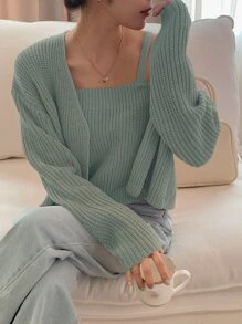 DAZY 純色條紋針織背心和披肩式垂墜肩外套 - 綠色 - 查看 6