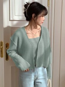 DAZY 純色條紋針織背心和披肩式垂墜肩外套 - 綠色 - 查看 2