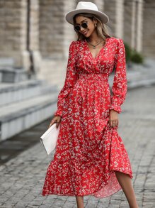 SHEIN LUNE Vestido con estampado floral de manga con volante bajo con fruncido - Rojo - Ver 4