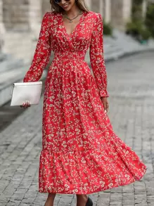 SHEIN LUNE Vestido con estampado floral de manga con volante bajo con fruncido - Rojo - Ver 1