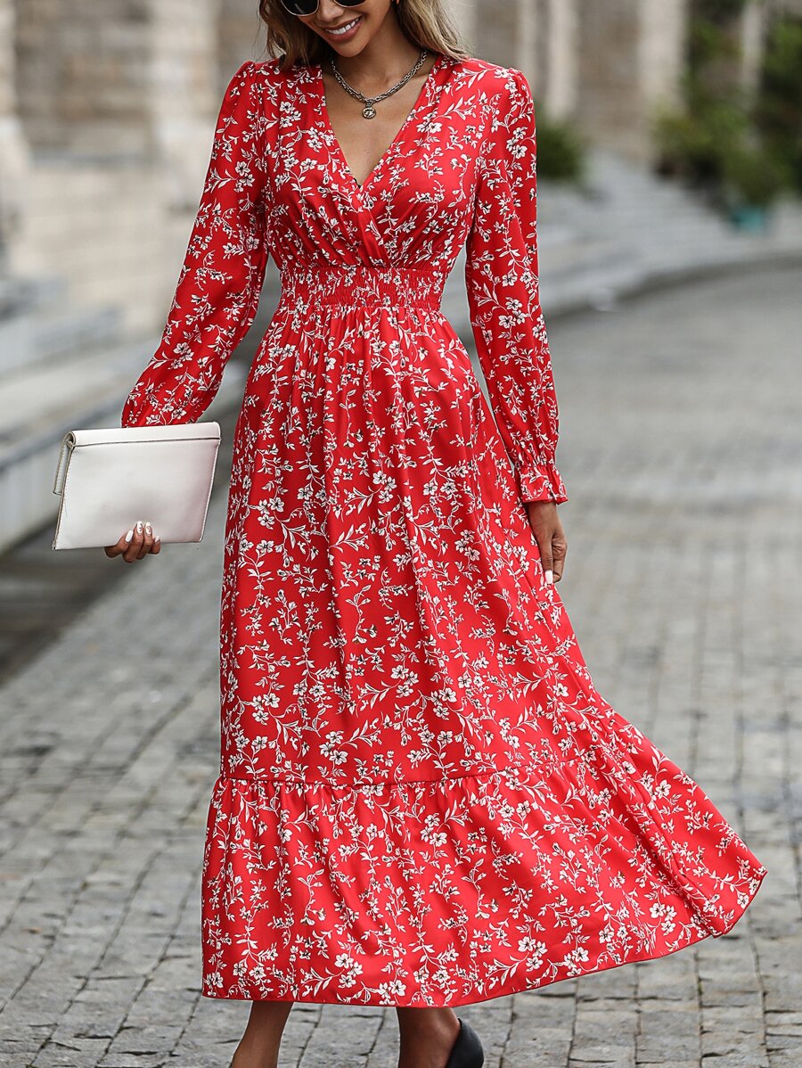 SHEIN LUNE Vestido con estampado floral de manga con volante bajo con fruncido - Rojo - Ver 1