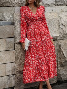 SHEIN LUNE Vestido con estampado floral de manga con volante bajo con fruncido - Rojo - Ver 6