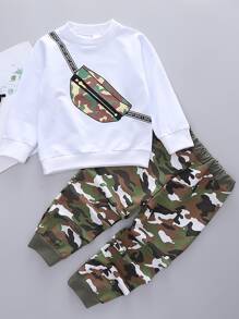 SHEIN Young Boy Camo & Letter Graphic Sweatshirt With Sweatpants