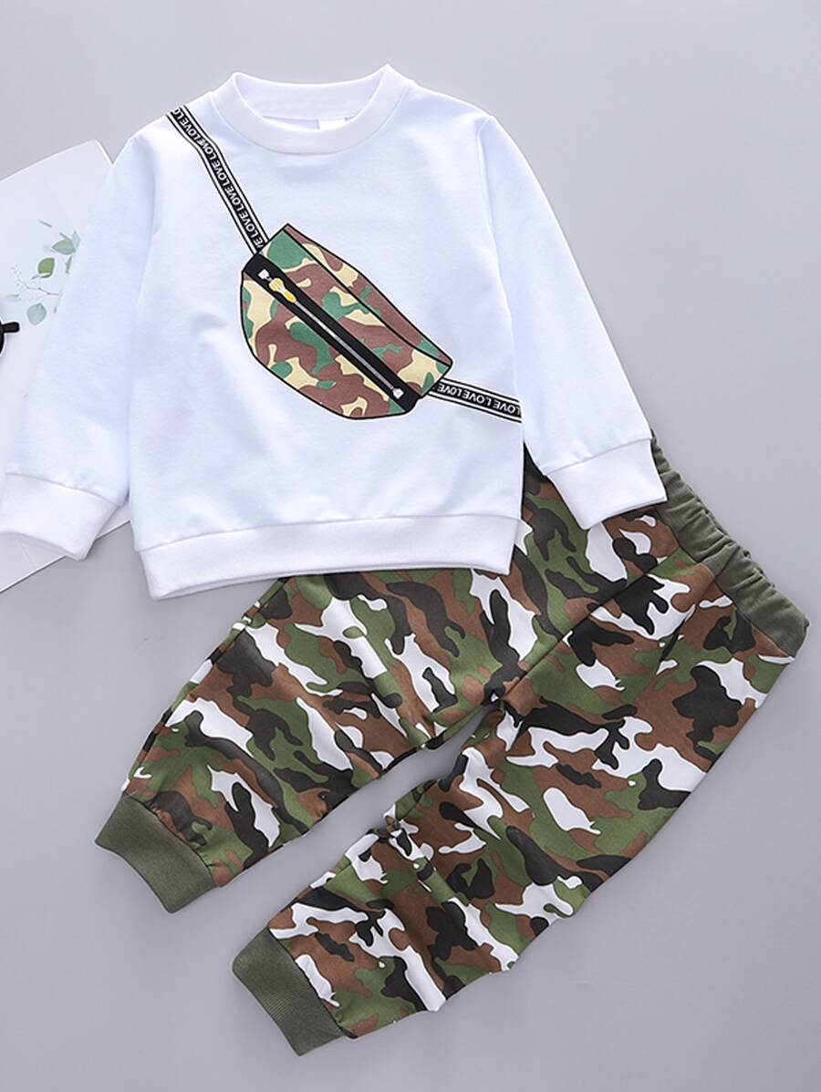 SHEIN Young Boy Camo & Letter Graphic Sweatshirt With Sweatpants