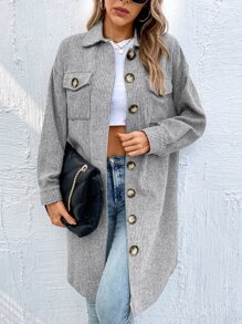 SHEIN Essnce Flap Pocket Drop Shoulder Overcoat In Fall/Winter - Grey - View 3